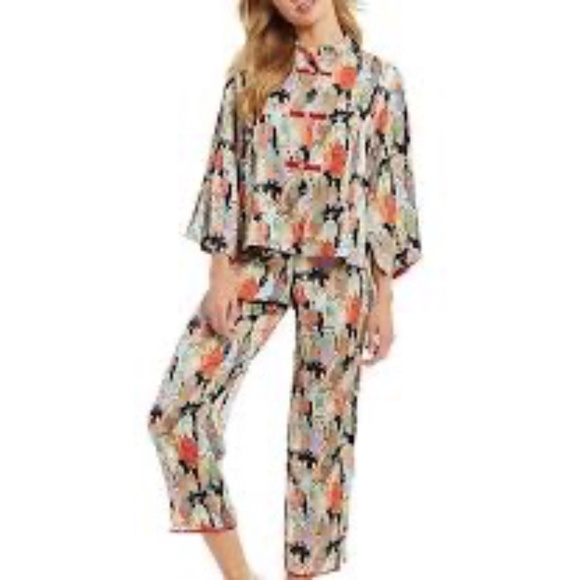 Natori Dynasty Asian Print Mandarin Collar Cropped Pants PJ Set Sz S - Picture 1 of 8